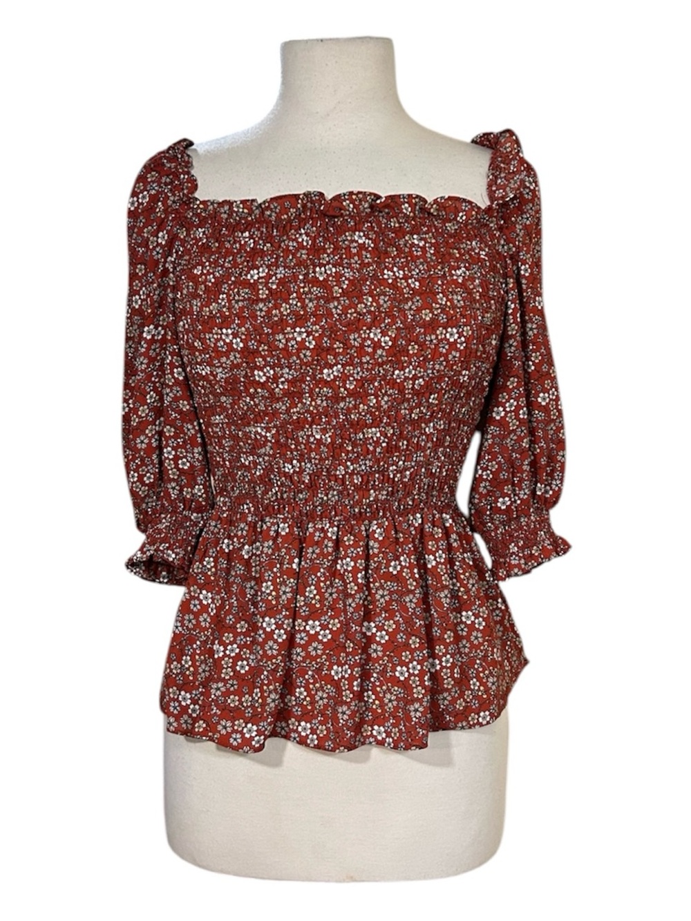 Max Studio Red Floral Smocked S Milkmaid Cottagecore Prairie Soft Girl